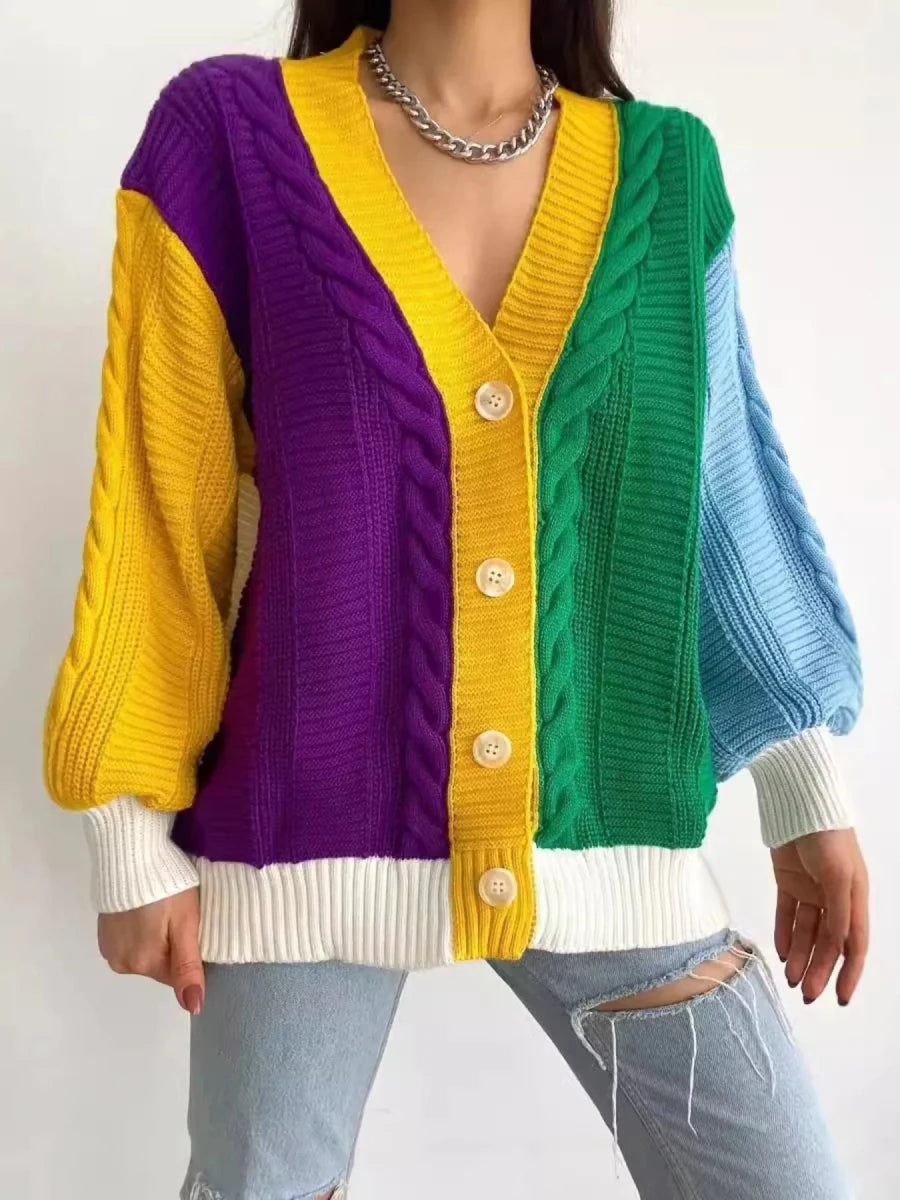 Color Block Button Down Cable - Knit Cardigan - 