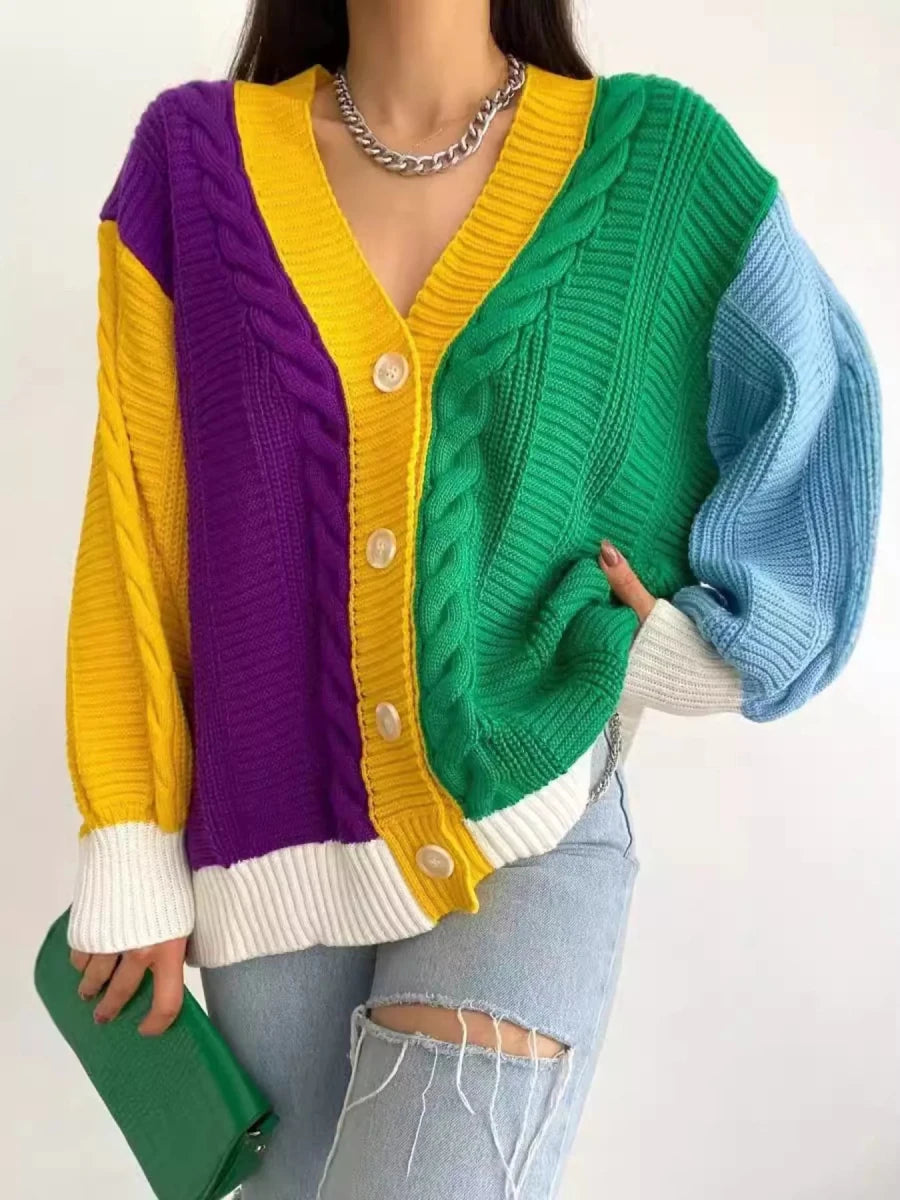 Color Block Button Down Cable - Knit Cardigan - 