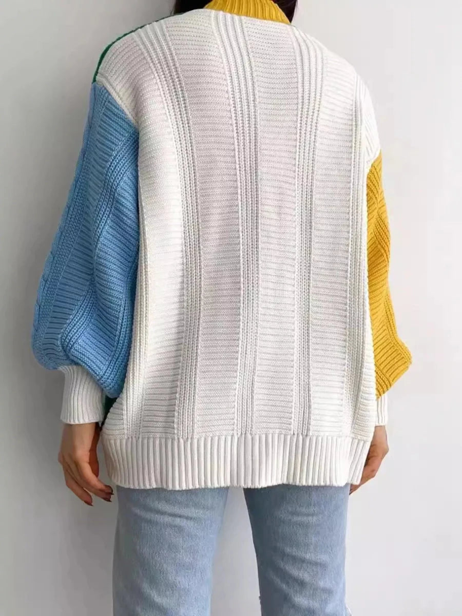 Color Block Button Down Cable - Knit Cardigan - 