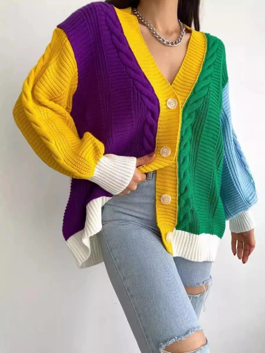 Color Block Button Down Cable - Knit Cardigan - 