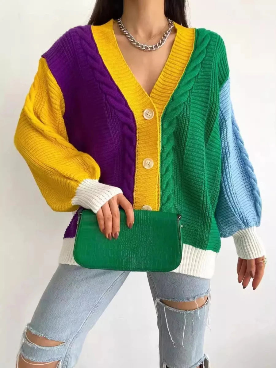 Color Block Button Down Cable - Knit Cardigan - 
