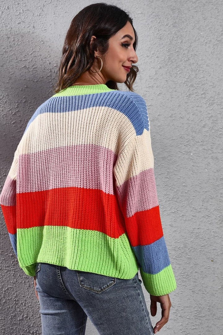 Color Block Button - Down Dropped Shoulder Cardigan - Outerwear