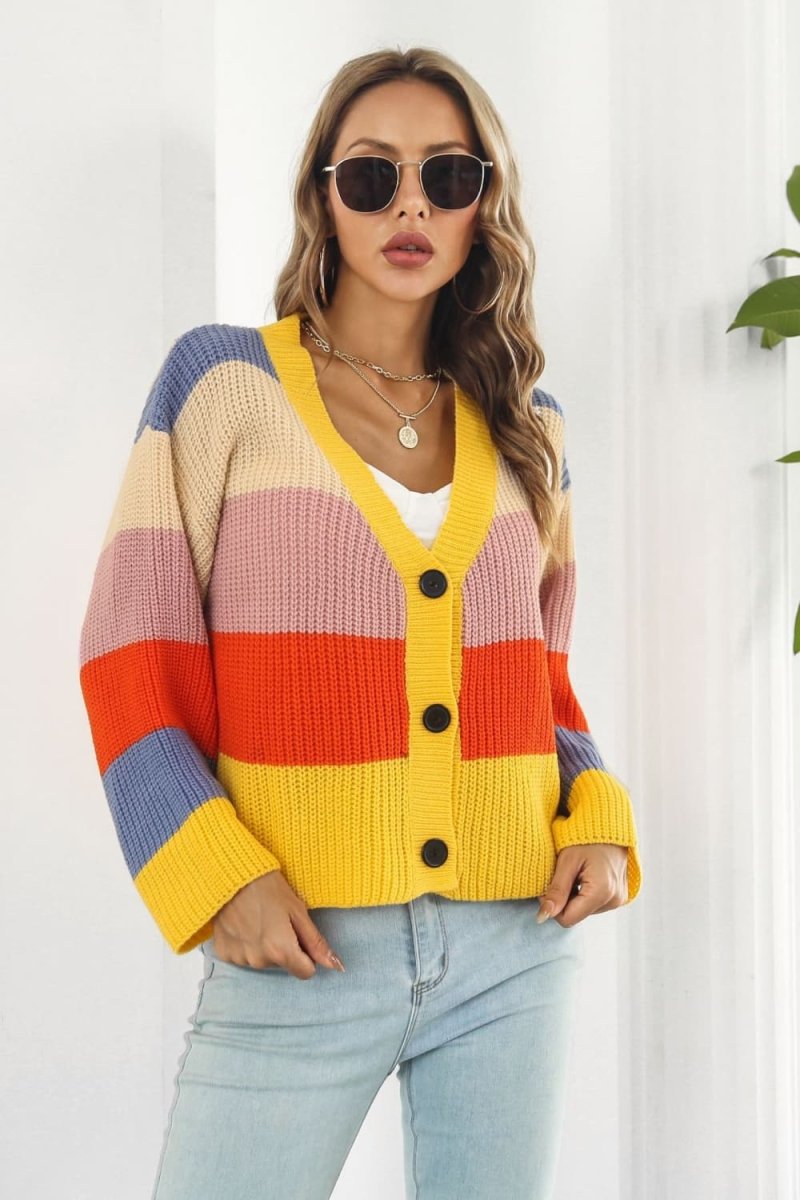 Color Block Button - Down Dropped Shoulder Cardigan - Outerwear