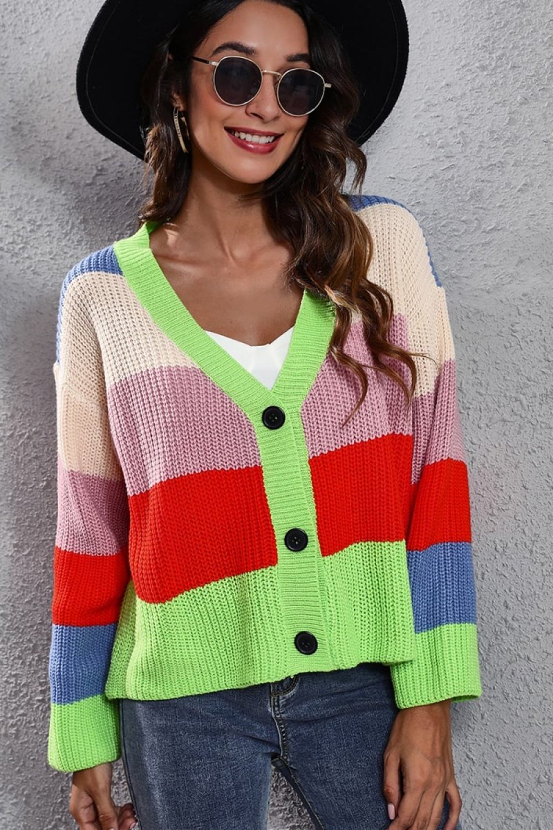 Color Block Button - Down Dropped Shoulder Cardigan - Outerwear
