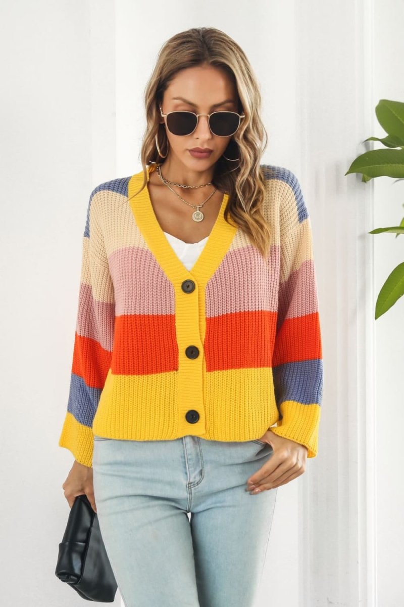 Color Block Button - Down Dropped Shoulder Cardigan - Outerwear