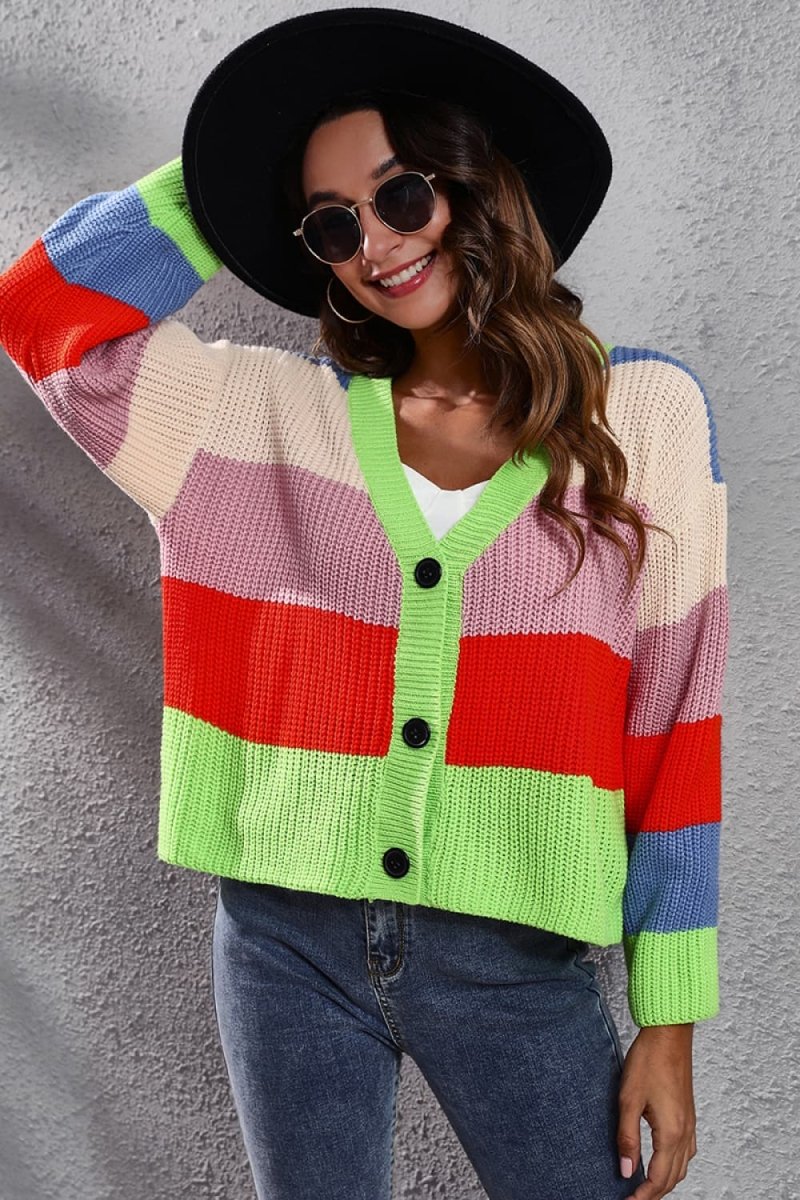 Color Block Button - Down Dropped Shoulder Cardigan - Outerwear