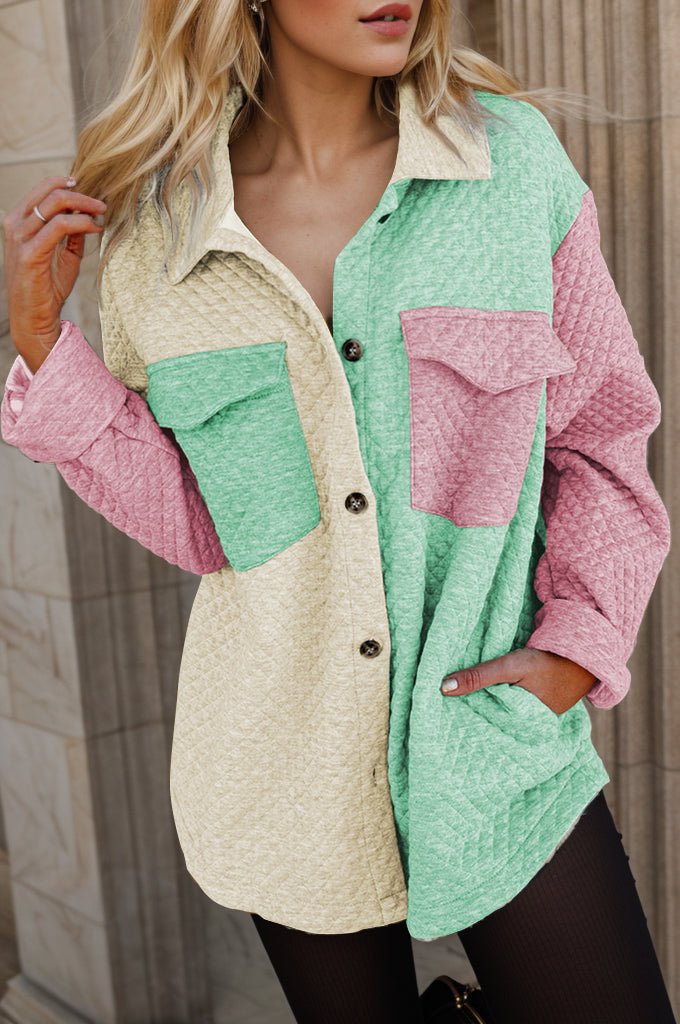 Color Block Button Up Long Sleeve Shacket - Outerwear