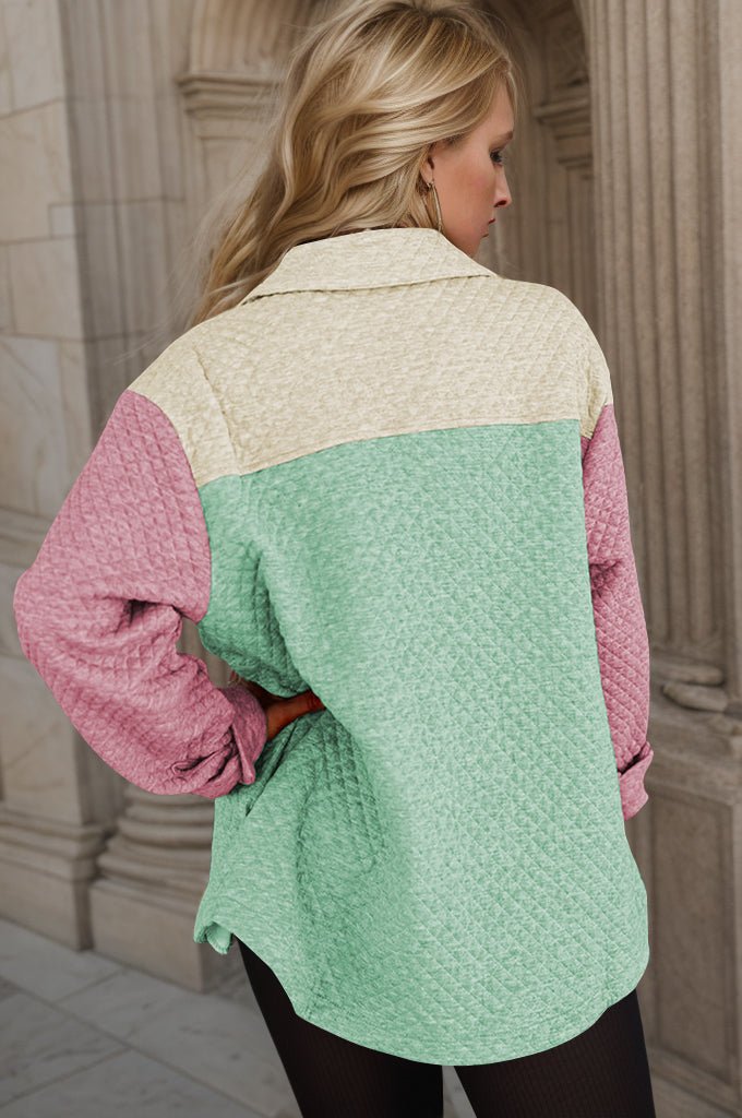 Color Block Button Up Long Sleeve Shacket - Outerwear