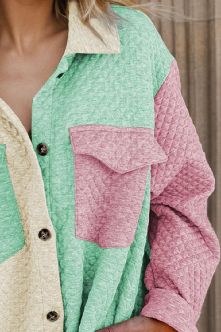 Color Block Button Up Long Sleeve Shacket - Outerwear