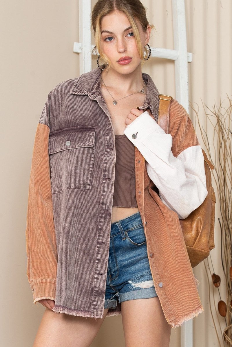 Color Block Collared Neck Jacket - Outerwear