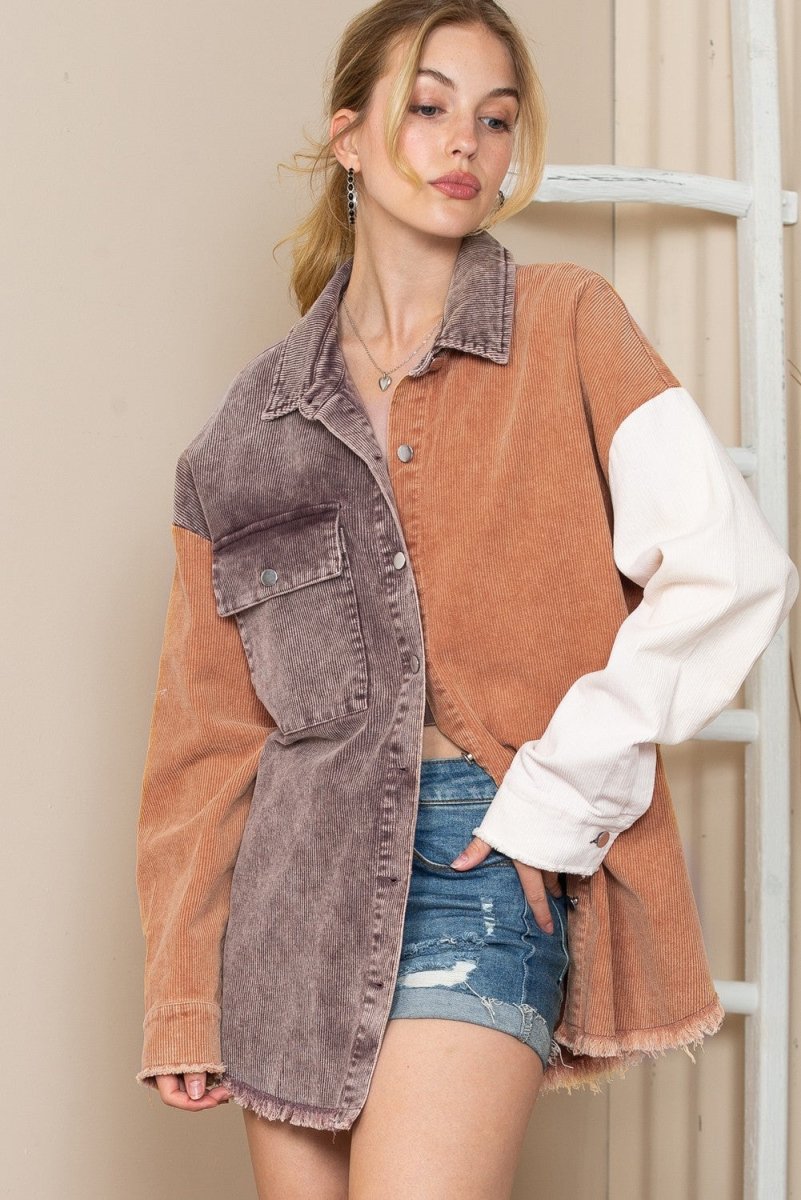 Color Block Collared Neck Jacket - Outerwear