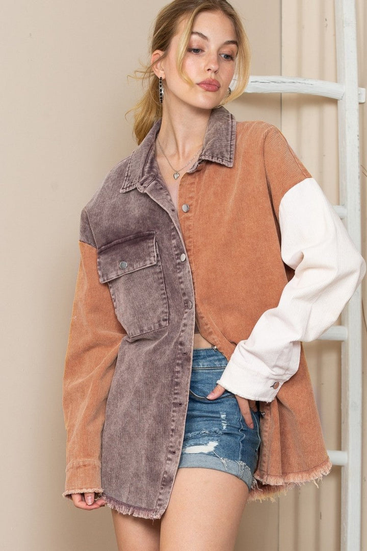 Color Block Collared Neck Jacket - Outerwear