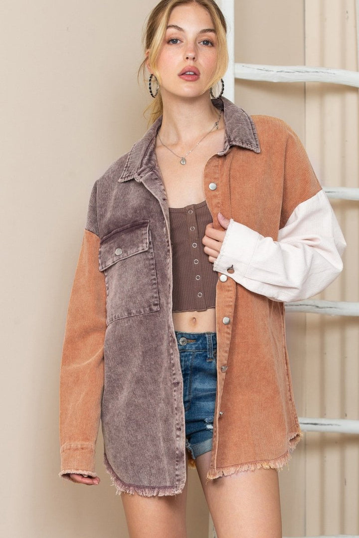 Color Block Collared Neck Jacket - Outerwear