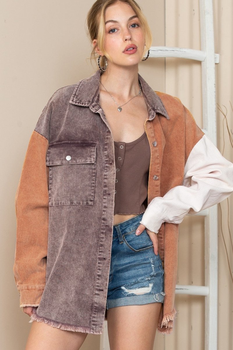 Color Block Collared Neck Jacket - Outerwear