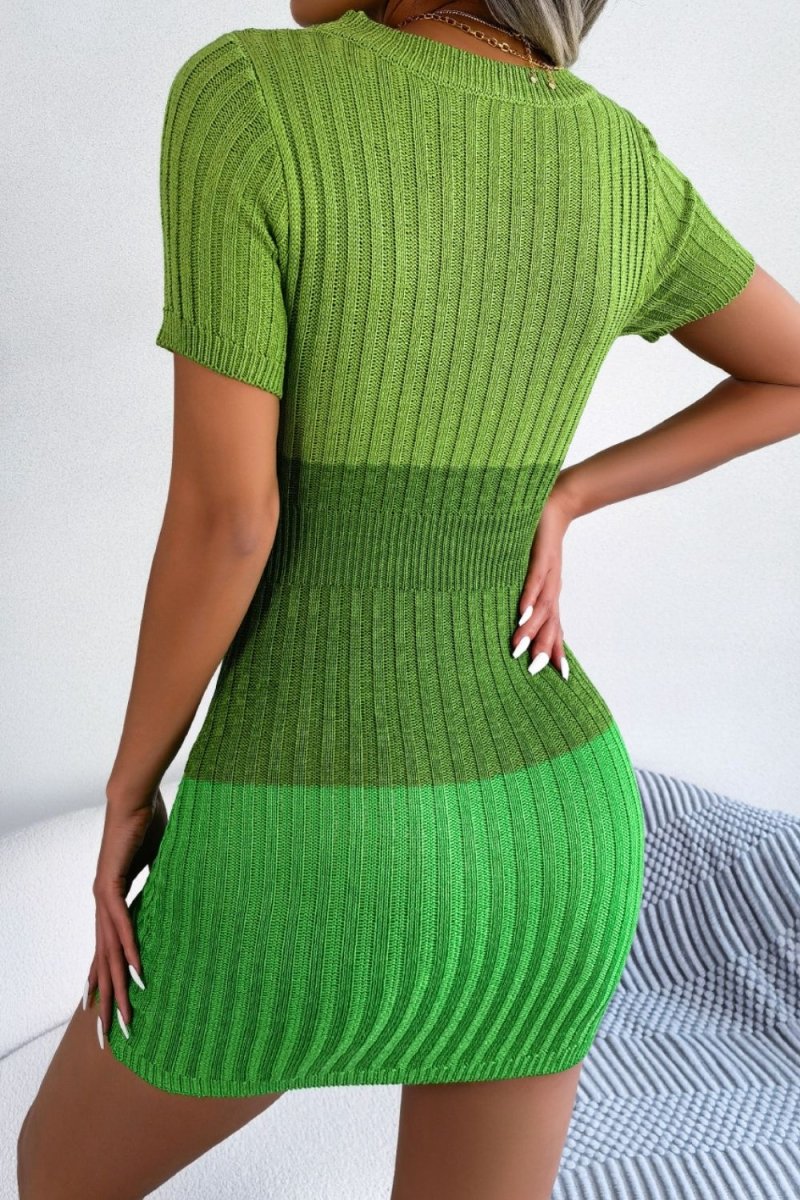 Color Block Cutout Short Sleeve Sweater Dress - Sweater Dress