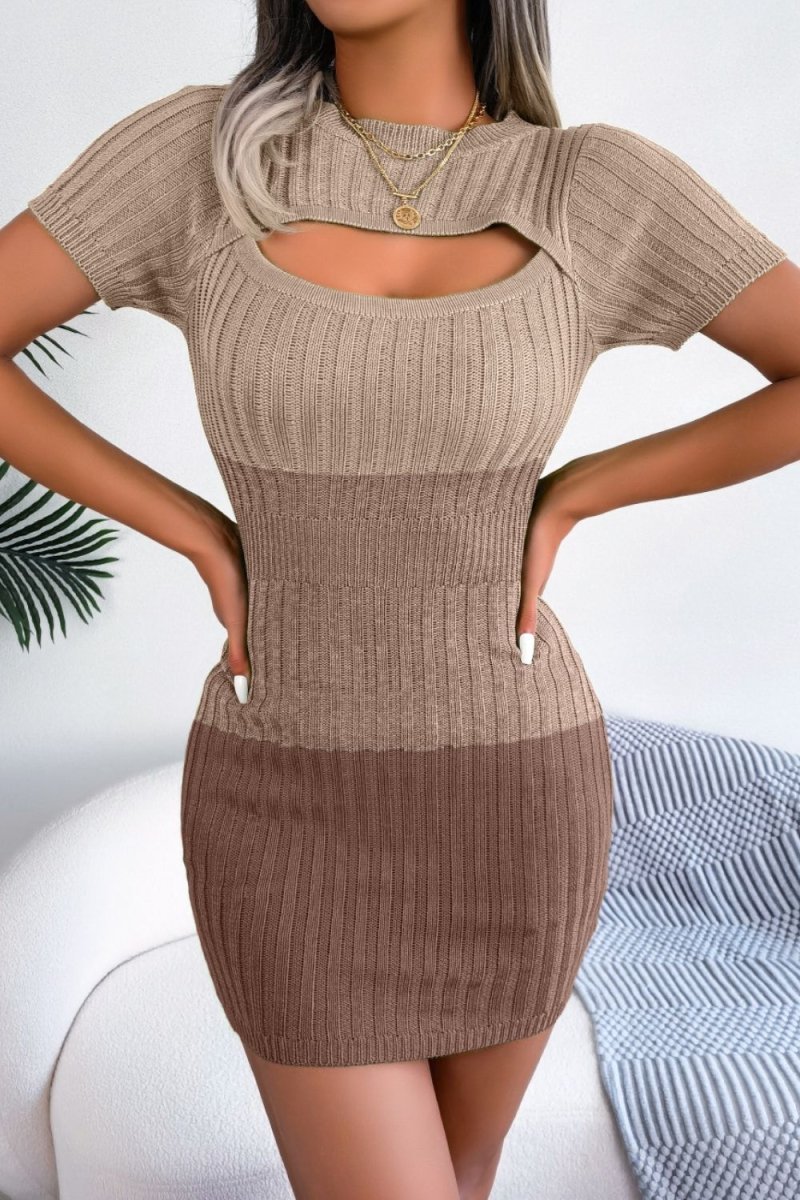 Color Block Cutout Short Sleeve Sweater Dress - Sweater Dress