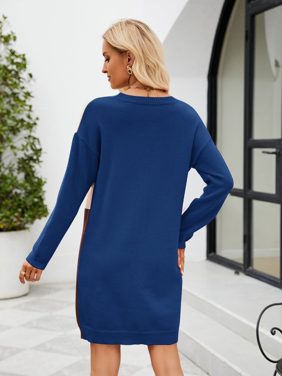 Color Block Dropped Shoulder Sweater Dress - Sweater Dress