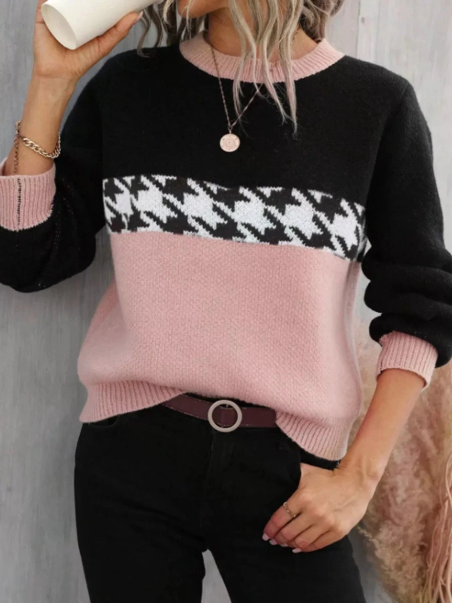 Color Block Houndstooth Knit Sweater - 