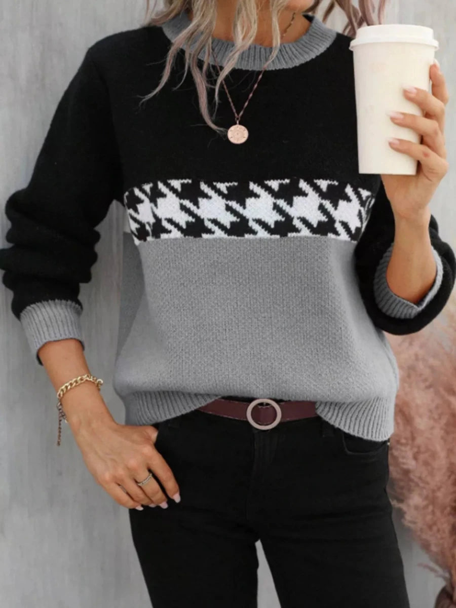 Color Block Houndstooth Knit Sweater - 