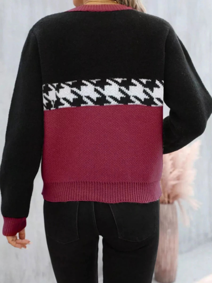 Color Block Houndstooth Knit Sweater - 