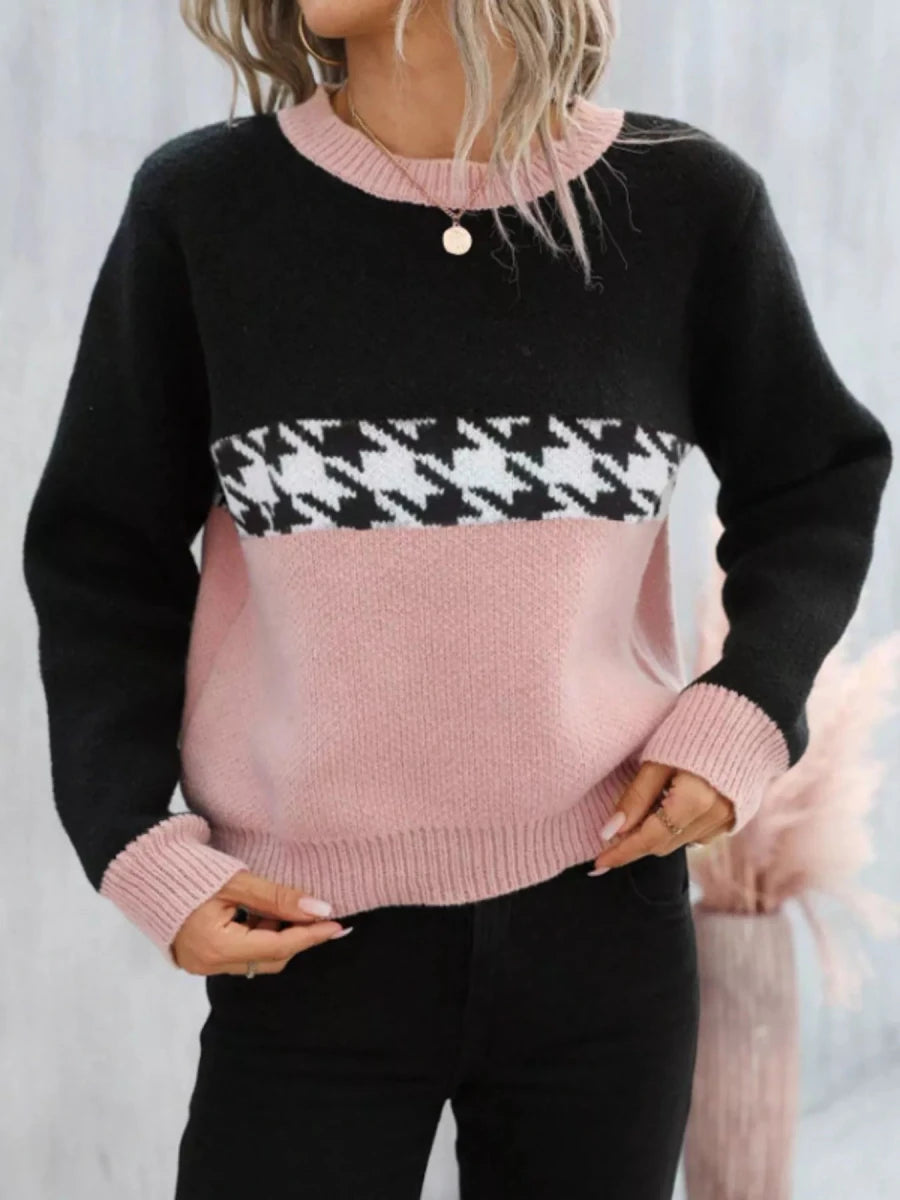 Color Block Houndstooth Knit Sweater - 