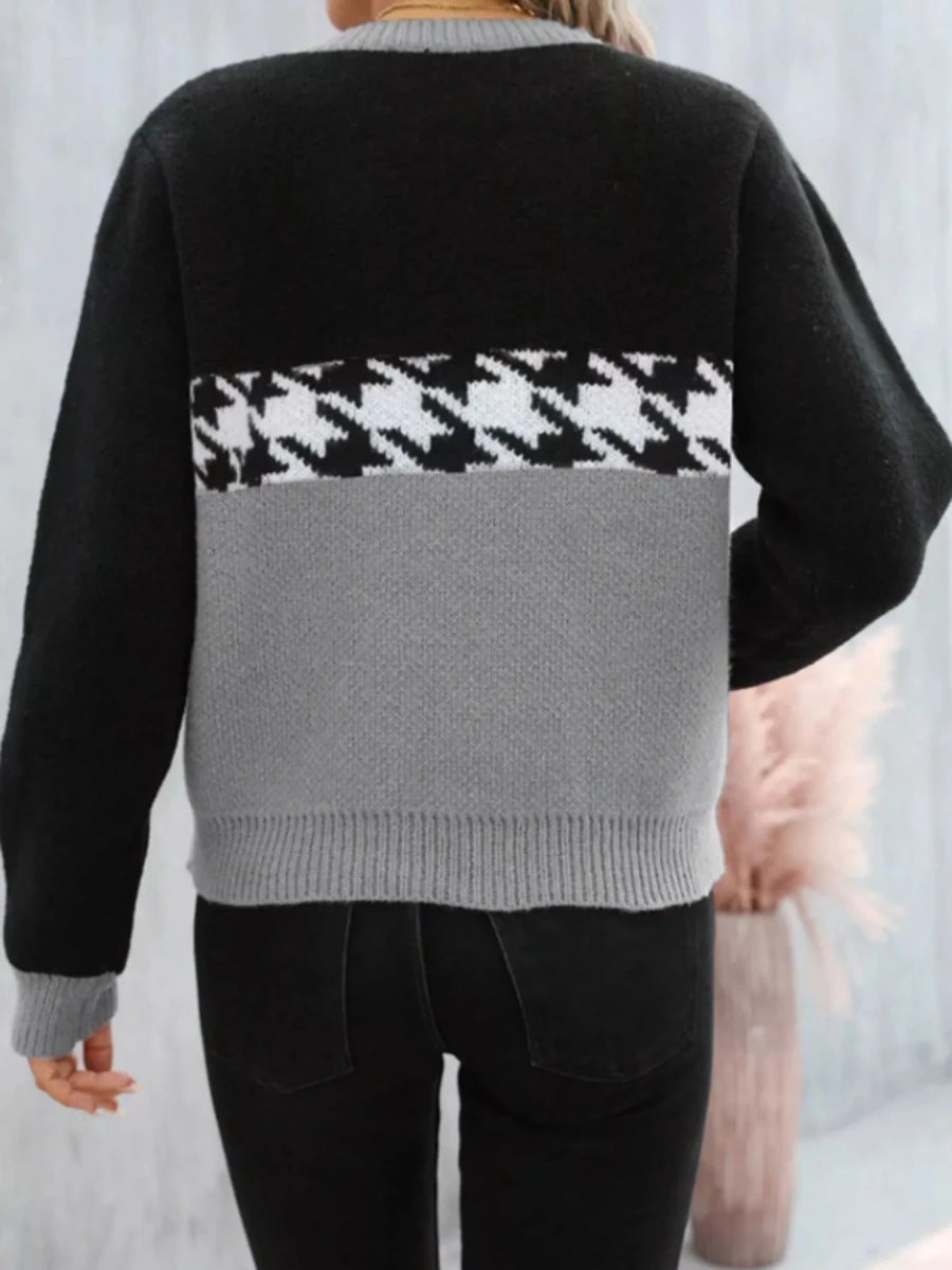 Color Block Houndstooth Knit Sweater - 