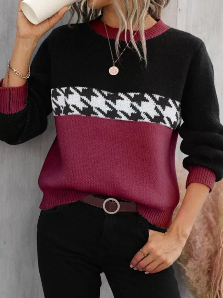 Color Block Houndstooth Knit Sweater - 