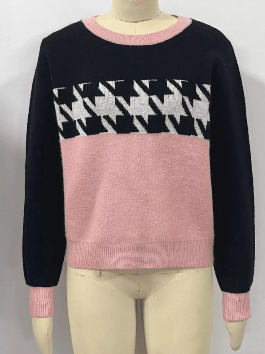 Color Block Houndstooth Knit Sweater - 
