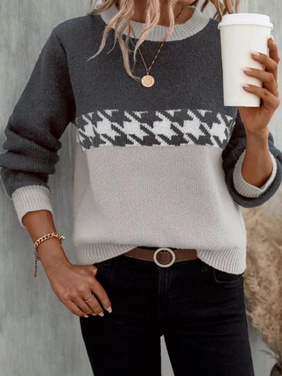 Color Block Houndstooth Knit Sweater - 