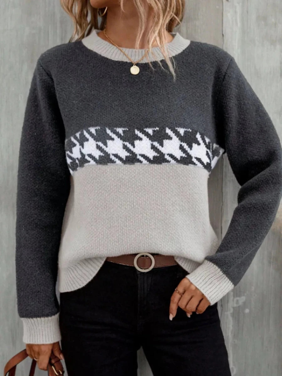 Color Block Houndstooth Knit Sweater - 