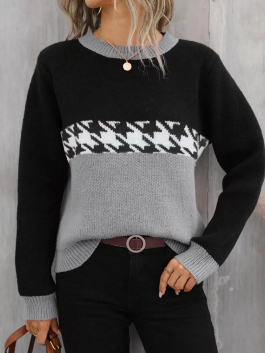 Color Block Houndstooth Knit Sweater - 