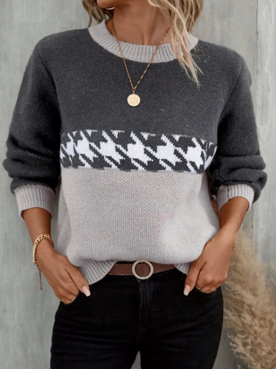 Color Block Houndstooth Knit Sweater - 