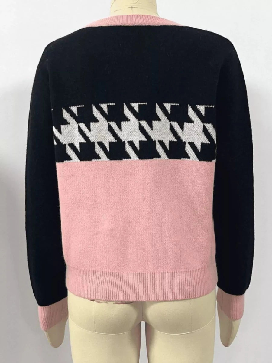 Color Block Houndstooth Knit Sweater - 
