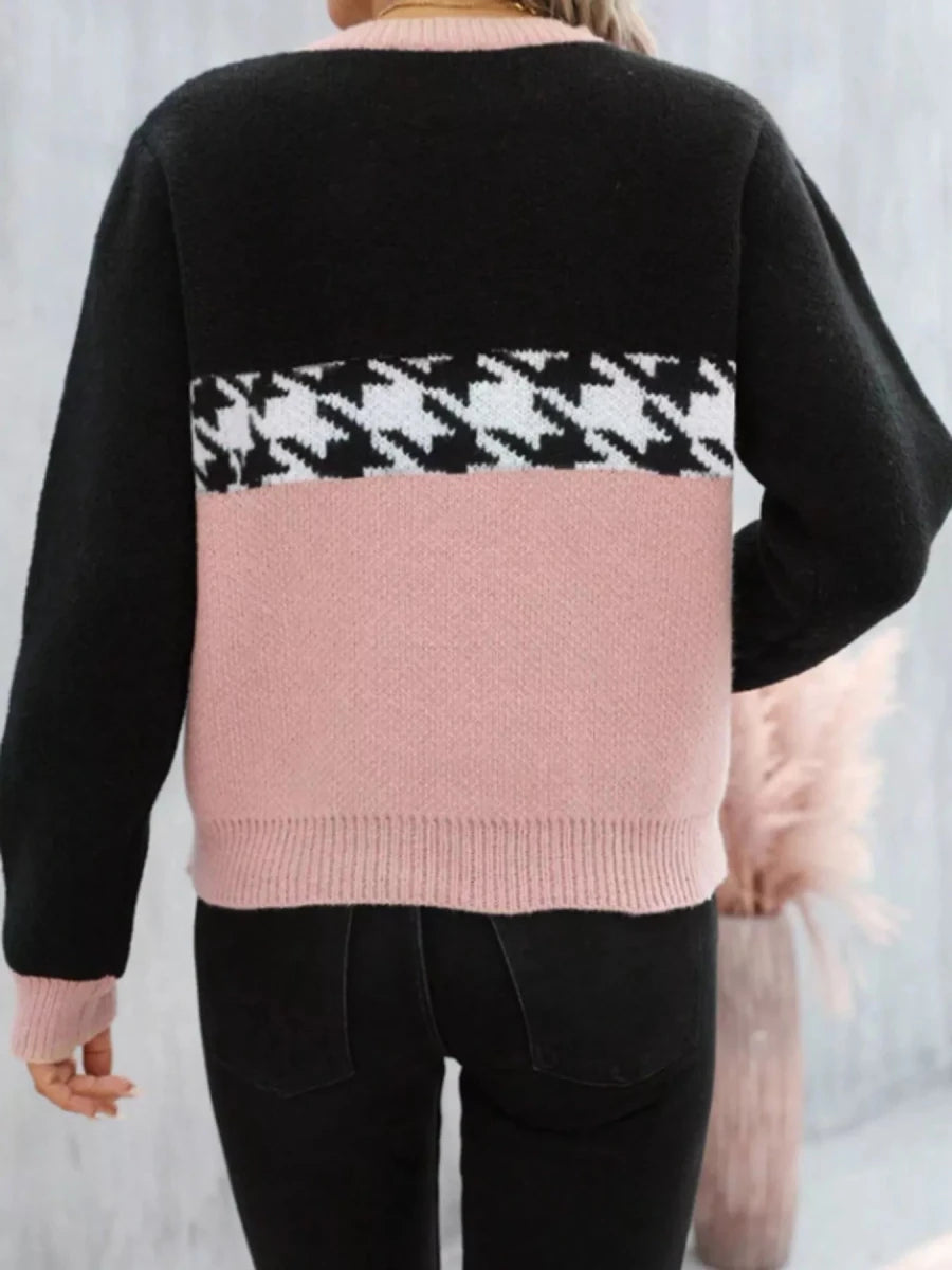 Color Block Houndstooth Knit Sweater - 