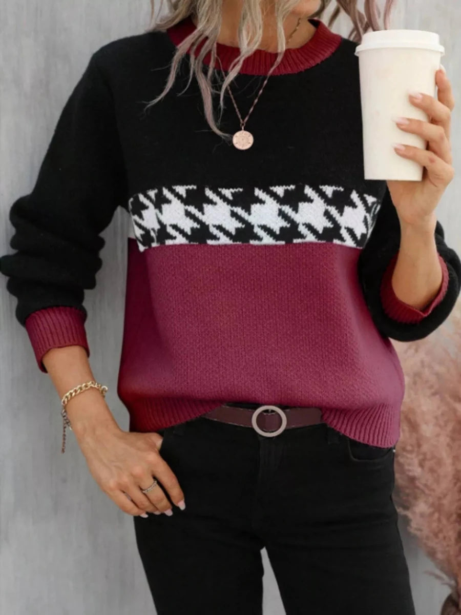 Color Block Houndstooth Knit Sweater - 