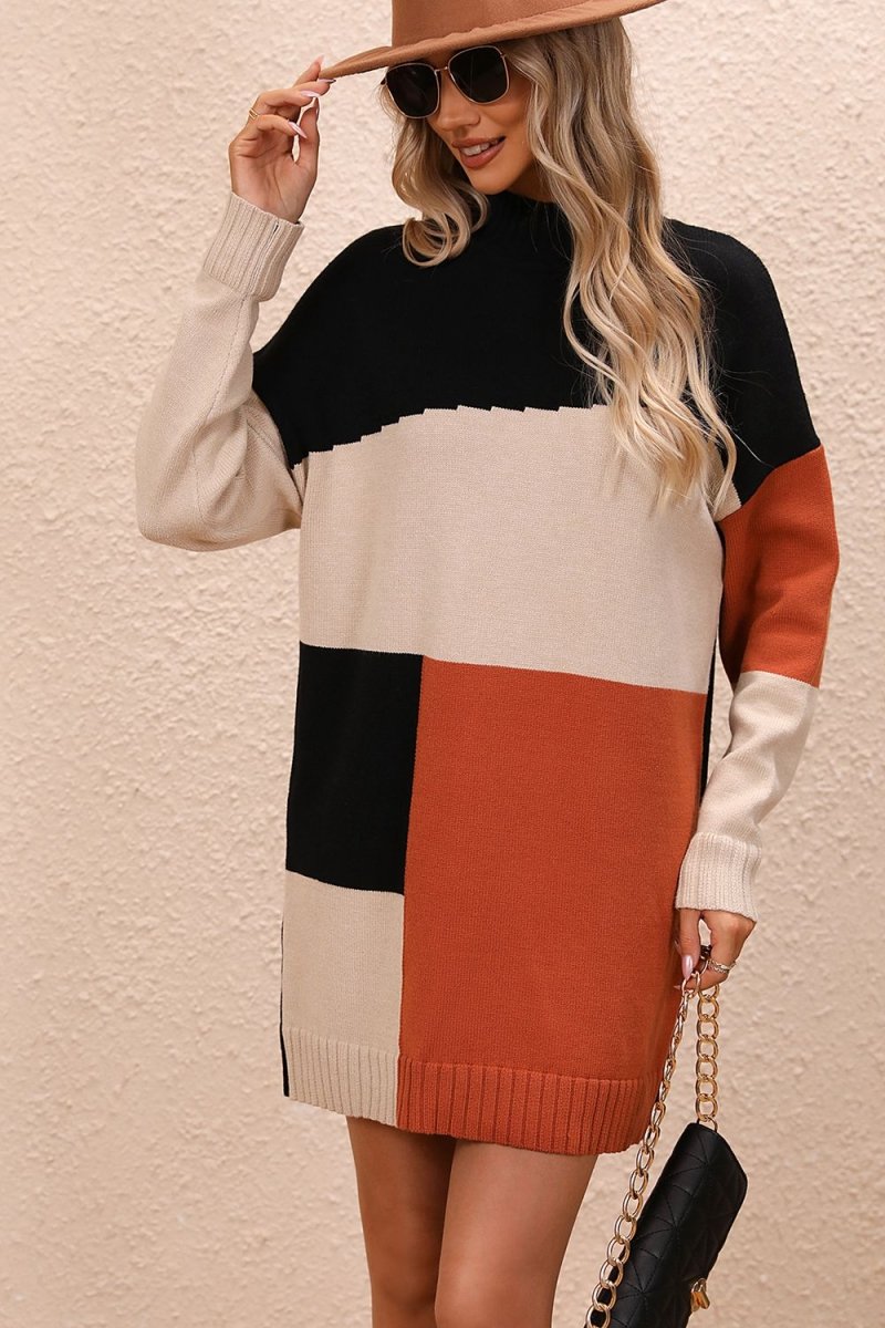 Color Block Mock Neck Dropped Shoulder Sweater Dress - Sweater Dress