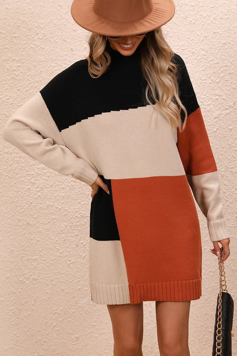 Color Block Mock Neck Dropped Shoulder Sweater Dress - Sweater Dress