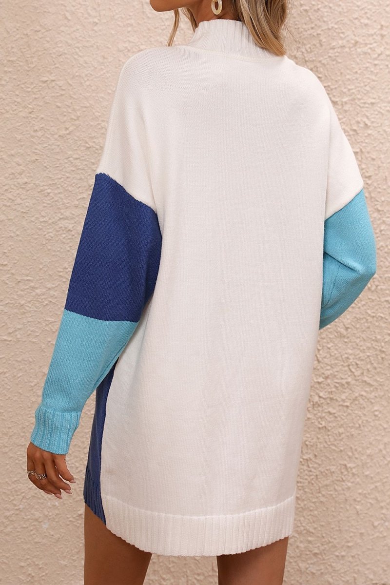 Color Block Mock Neck Dropped Shoulder Sweater Dress - Sweater Dress