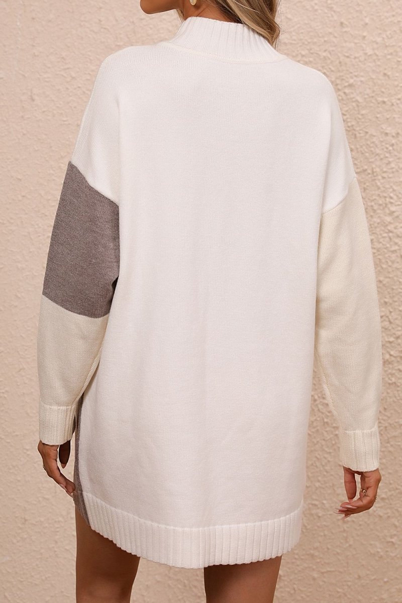 Color Block Mock Neck Dropped Shoulder Sweater Dress - Sweater Dress
