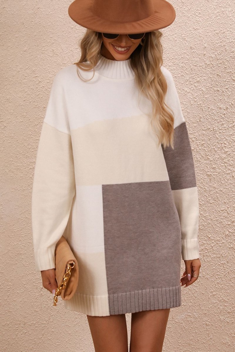 Color Block Mock Neck Dropped Shoulder Sweater Dress - Sweater Dress