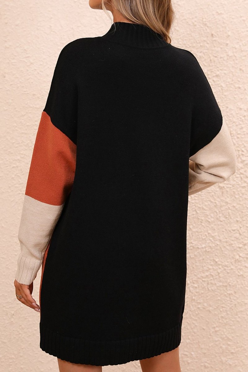 Color Block Mock Neck Dropped Shoulder Sweater Dress - Sweater Dress