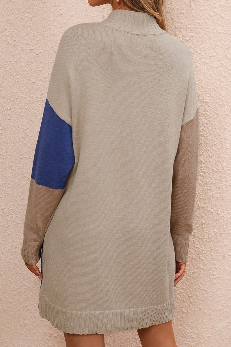 Color Block Mock Neck Dropped Shoulder Sweater Dress - Sweater Dress