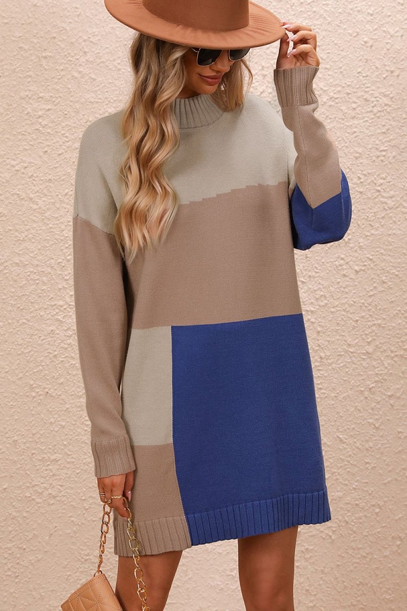 Color Block Mock Neck Dropped Shoulder Sweater Dress - Sweater Dress