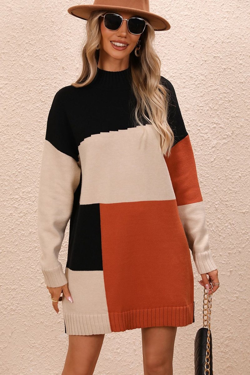 Color Block Mock Neck Dropped Shoulder Sweater Dress - Sweater Dress