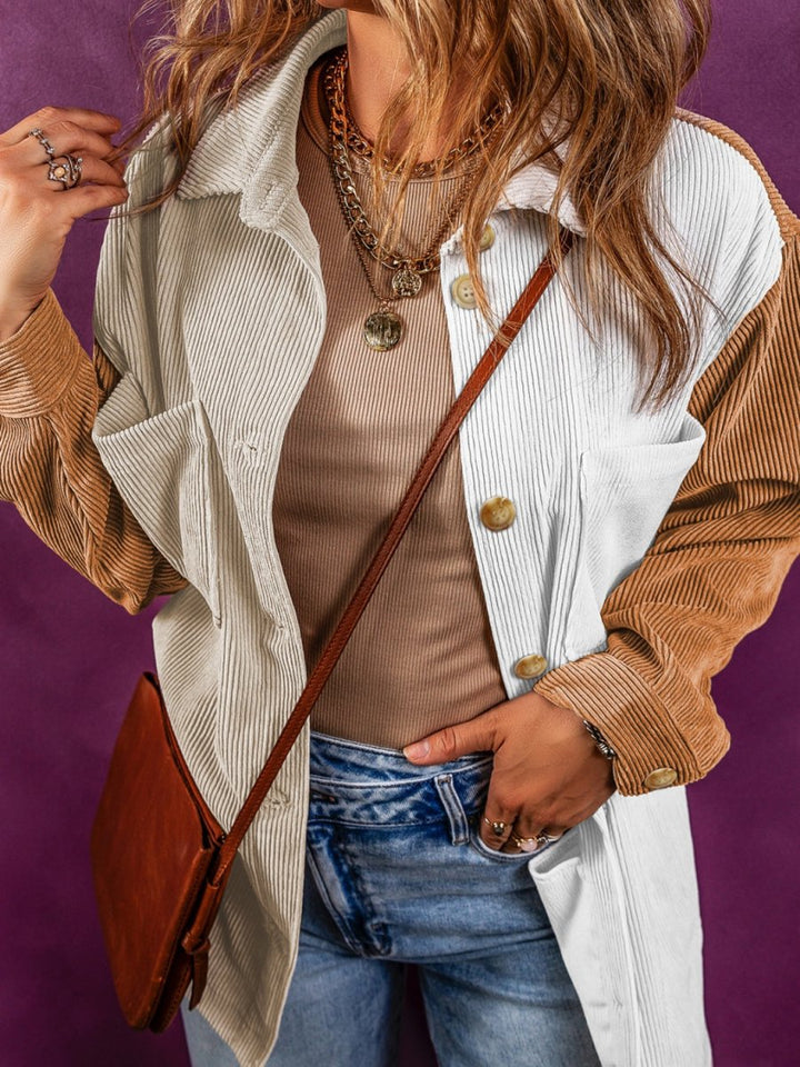 Color Block Ribbed Pocketed Button Up Jacket - Outerwear