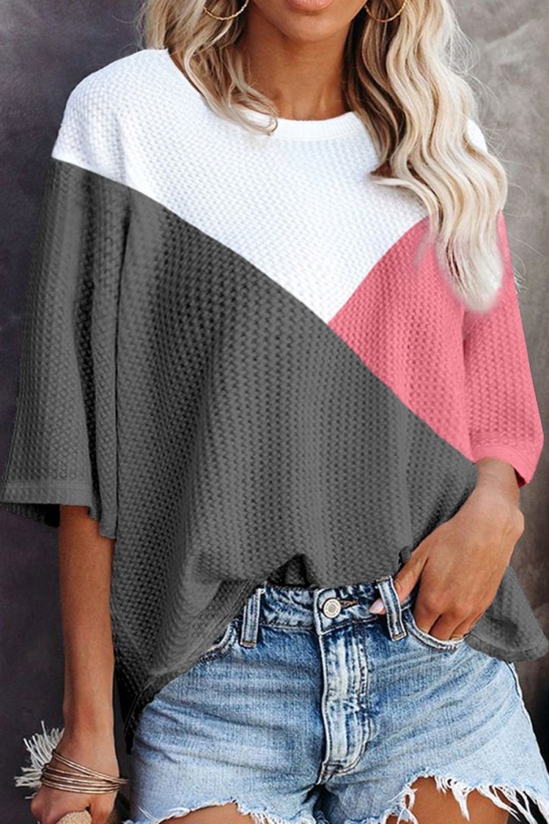 Color Block Round Neck Half Sleeve Top - Top