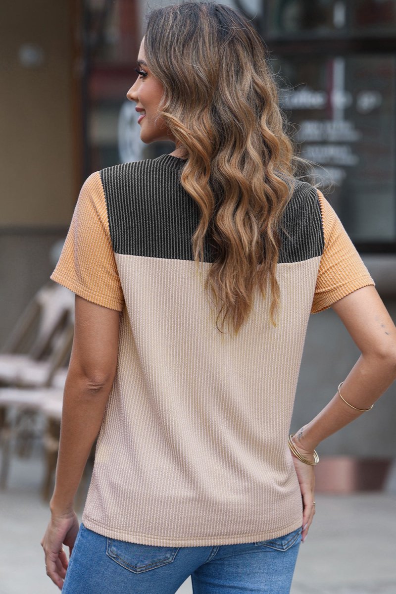 Color Block Round Neck Short Sleeve T-Shirt - Top
