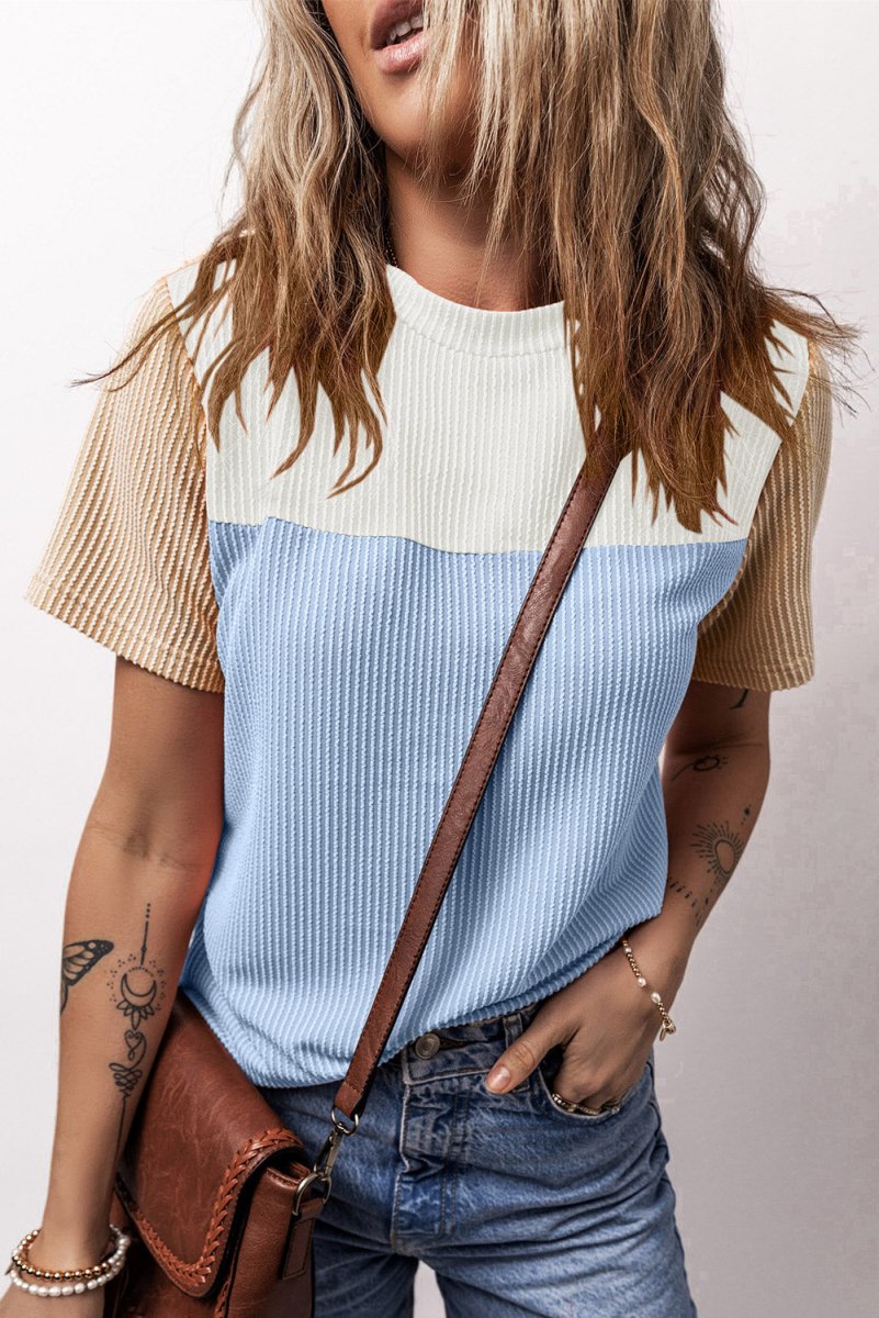 Color Block Round Neck Short Sleeve T-Shirt - Top