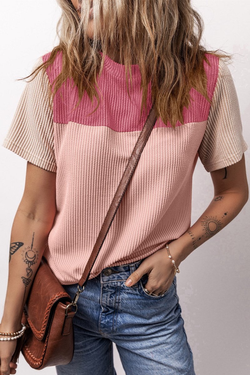 Color Block Round Neck Short Sleeve T-Shirt - Top