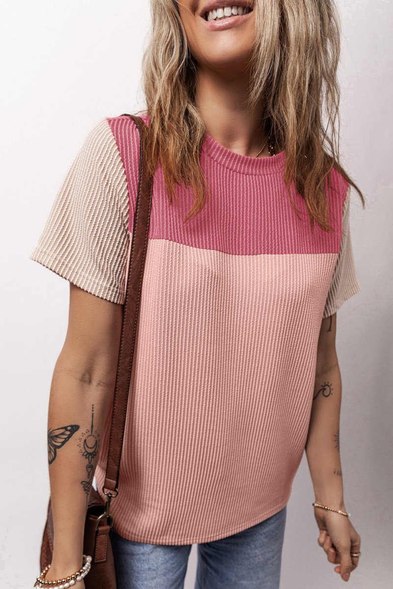 Color Block Round Neck Short Sleeve T-Shirt - Top